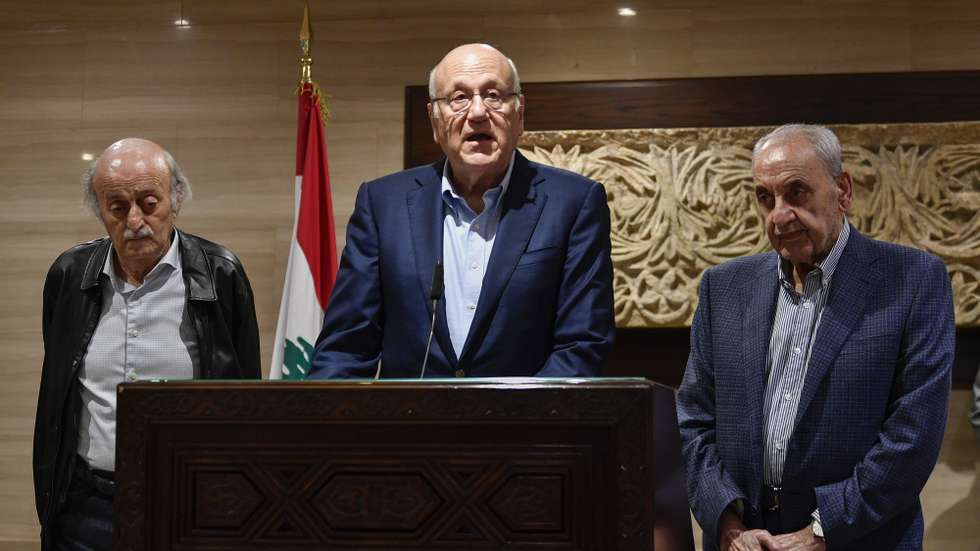 epa11638241 Lebanese Parliament Speaker Nabih Berri (R), Lebanese caretaker Prime Minister Najib Mikati (C) and the former head of the Progressive Socialist Party (PSP) and Druze leader Walid Jumblatt (L) speak after their meeting in Beirut, Lebanon, 02 October 2024. Lebanon&#039;s commitment to the call for an immediate ceasefire and to take steps that the government has announced its commitment to implement Resolution 1701 and to elect a consensus president for the republic that reassures everyone. According to the Lebanese National News Agency (NNA), Israeli warplanes conducted a series of raids against multiple neighborhoods in the southern suburbs of Beirut (Dahieh) on the evening of 01 October. On 30 September Israel announced the beginning of a &#039;limited, localized and targeted&#039; ground operation against Hezbollah in southern Lebanon.  EPA/WAEL HAMZEH