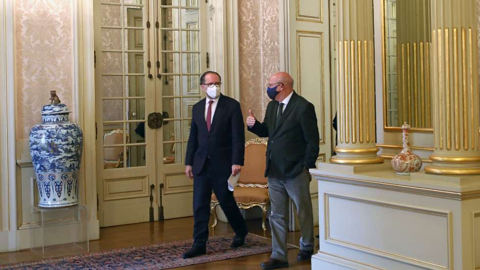 Portuguese Foreign Minister Augusto Santos Silva (R) speacks with his Austrian counterpart Alexander Schallenberg (L) after a meeting at Necessidades Palace in Lisbon, Portugal, 11 December 2020. During the meeting, topics such as bilateral relations and the European agenda were addressed, such as the Recovery Fund and the Next Multiannual Financial Framework 2021-2027, the Portuguese Presidency of the Council of the European Union (PPUE 2021), the response of the European Union (EU ) to the covid-19 pandemic and the relationship with the United Kingdom. ANTONIO PEDRO SANTOS/LUSA