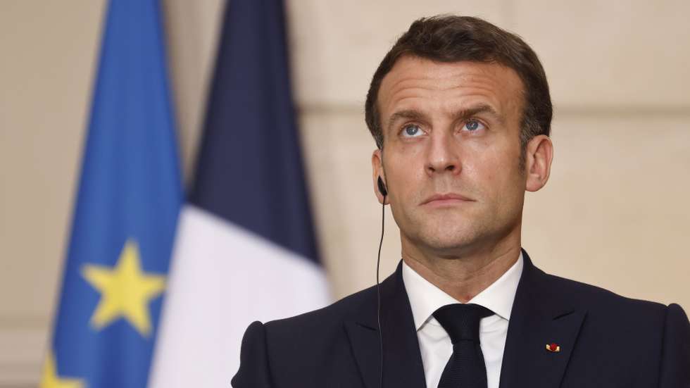 epa09082238 French President Emmanuel Macron during a joint press conference with Israeli President Reuven Rivlin, after a working lunch, at the Elysee Palace in Paris, France, 18 March 2021.  EPA/LUDOVIC MARIN / POOL  MAXPPP OUT
