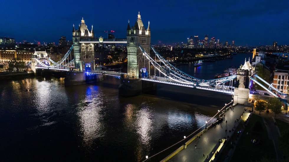 epa09186703 Tower Bridge at night is seen from City Hall on the evening that the Mayor of London, Sadiq Khan, was re-elected as the Mayor of London, at City Hall in London, Britain, 08 May 2021. Britons voted on 06 May 2021 in local and mayoral elections.  EPA/VICKIE FLORES
