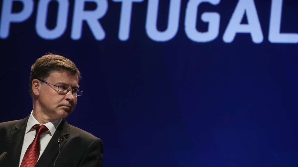 EU Commission Vice President Valdis Dombrovskis attends a press conference after the second day of the informal meeting of Economic and Financial Affairs Council (ECOFIN) under the Portuguese Presidency of the Council, in Lisbon, Portugal, 22 May 2021. The talks take place against the backdrop of the common policies for the post-crisis period and for a green and inclusive future. Reinforcing the joint impact of monetary and fiscal policies. MARIO CRUZ/LUSA
