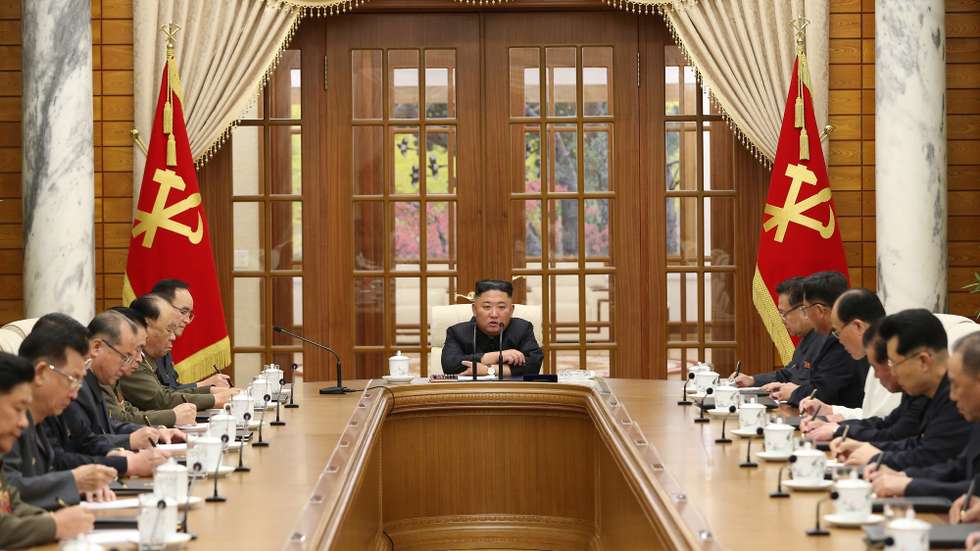 epa09248813 A photo released by the official North Korean Central News Agency (KCNA) shows North Korean Supreme Leader Kim Jong-un (C) presiding over the first meeting of the Political Bureau of the 8th Central Committee of the Workers' Party of Korea (WPK), at the office building of the Party Central Committee in Pyongyang, North Korea, 04 June 2021 (issued 05 June 2021).  EPA/KCNA   EDITORIAL USE ONLY