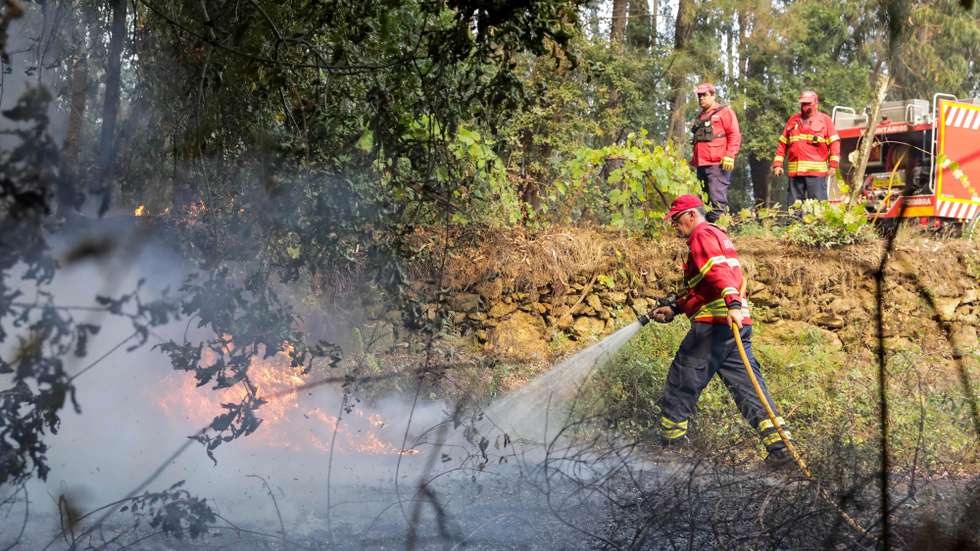Bombeiros durante o combate ao incêndio florestal que lavra desde segunda-feira nos concelhos de Oliveira de Frades e Sever do Vouga, em Pisão, 08 de setembro de 2020. A Estrada Nacional (EN) 328 encontra-se hoje cortada entre as freguesias de Pessegueiro do Vouga e Talhadas, na saída para a Autoestrada 25 (A25), no concelho de Sever do Vouga, devido ao incêndio de Oliveira de Frades. PAULO NOVAIS/LUSA
