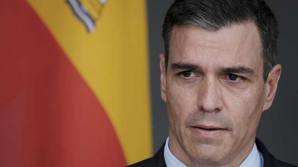 epa09331140 Spanish Prime Minister Pedro Sanchez attends the resumed press conference with Lithuanian President Gitanas Nauseda (not seen) after they were interrupted by an Alpha Scramble during their visit to Military Air Base in Sauliai, Lithuania, 08 July 2021. The press conference was halted due to an Alpha Scramble over a Russian military jet that was reportedly flying in international airspace over the Baltic sea. Sachez pays visits to Estonia, Latvia and Lithuania on the occasion of the centenary of the establishment of bilateral relations.  EPA/VALDA KALNINA