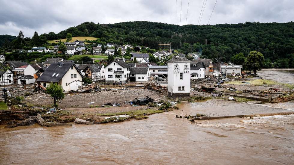 epa09345975 The village of Schuld in the district of Ahrweiler is destroyed after heavy flooding of the river Ahr, in Schuld, Germany, 15 July 2021. Large parts of Western Germany were hit by heavy, continuous rain in the night to Wednesday, resulting in local flash floods that destroyed buildings and swept away cars.  EPA/SASCHA STEINBACH