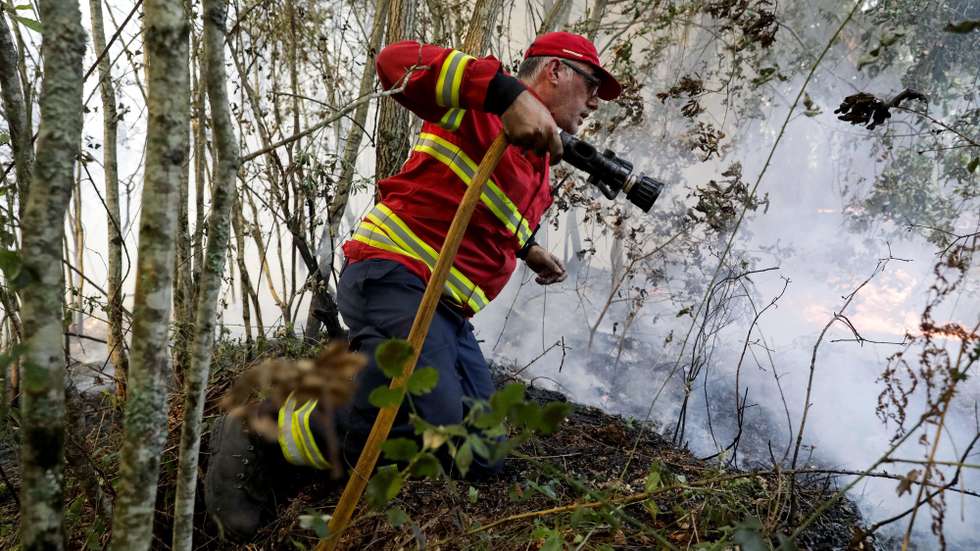 Um bombeiro durante o combate ao incêndio florestal que lavra desde segunda-feira nos concelhos de Oliveira de Frades e Sever do Vouga, em Pisão, 08 de setembro de 2020. A Estrada Nacional (EN) 328 encontra-se hoje cortada entre as freguesias de Pessegueiro do Vouga e Talhadas, na saída para a Autoestrada 25 (A25), no concelho de Sever do Vouga, devido ao incêndio de Oliveira de Frades. PAULO NOVAIS/LUSA