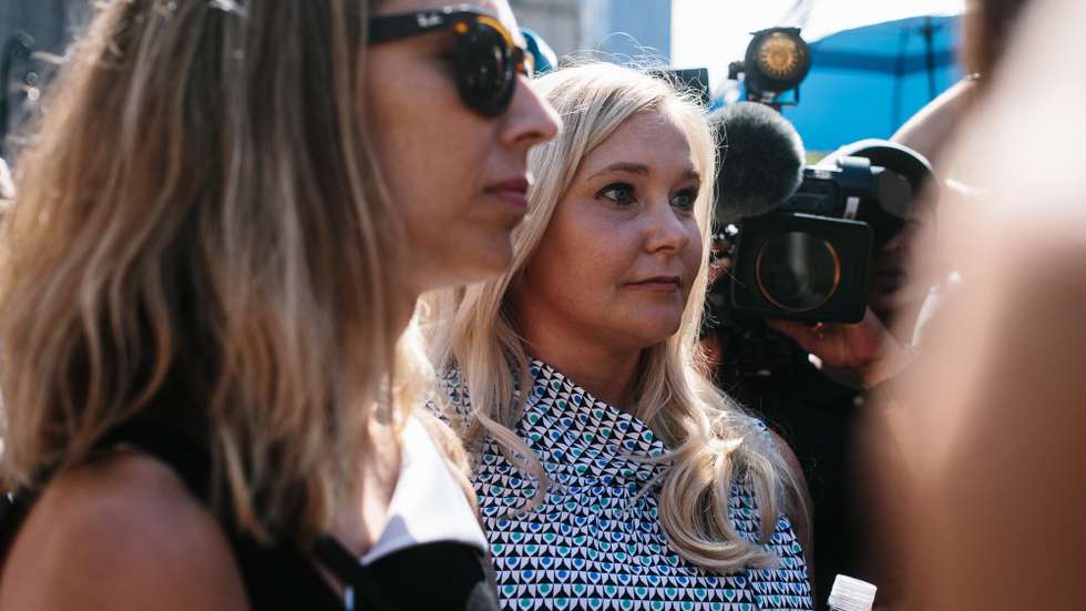 epa09407695 (FILE) - Some of deceased financier Jeffrey Epstein's alleged victims, including Virginia Roberts Giuffre (C) exit the United States Federal Courthouse in New York, New York, USA, 27 August 2019 (Reissued 09 August 2021). Virginia Roberts Giuffre filed a civil complaint in Manhattan's US District Court against Prince Andrew of Britain, accusing him of sexually abusing her when she was younger than 18 years old.  EPA/ALBA VIGARAY *** Local Caption *** 55421856