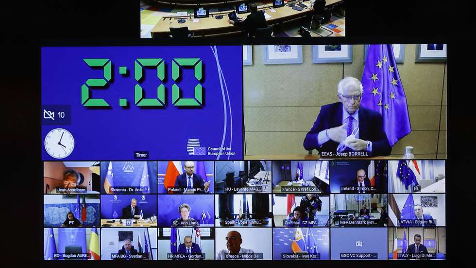 epa09417909 A picture of a screen shows the European High Representative of the Union for Foreign Affairs Josep Borrell (R) as he takes part in an extraordinary Foreign Affairs Council addressing the situation in Afghanistan, in Brussels, Belgium, 17 August 2021.  EPA/JOHANNA GERON / POOL