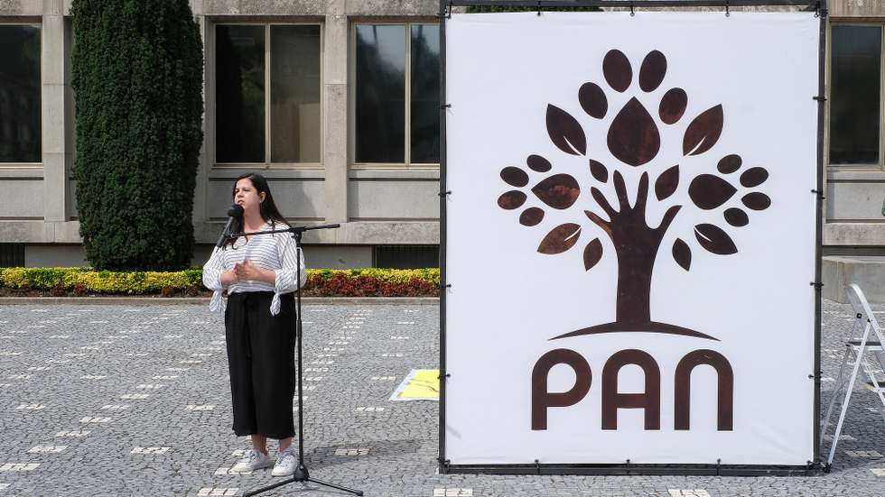 A porta-voz do Pessoas-Animais-Natureza (PAN), Inês de Sousa Real, discursa na concentração de homenagem aos animais mortos, no dia em que se assinala um ano do incêndio em dois abrigos sobrelotados e insalubres, na serra da Agrela, que matou 69 cães e quatro gatos, em Santo Tirso, 18 de julho de 2021. FERNANDO VELUDO / LUSA