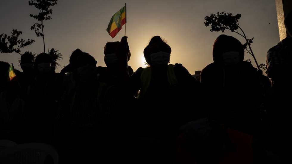epa09561653 Ethiopians gather for an event marking the one year anniversary of the war in Tigray in the capital Addis Ababa, Ethiopia, 03 November 2021. The Tigray Peoples Liberation Front (TPLF) allegedly attacked an Ethiopian National Defense Force (ENDF) camp on 03 November 2020 starting the war. According to a report released 03 November 2021 by the UN high commission for Human Rights, war crimes and other crimes against humanity have been conducted by both sides in the year long bloody civil war. A nationwide state of emergency has been declared in Ethiopia following advances south through the Amhara region towards the capital city Addis Ababa by the TPLF.  EPA/STR