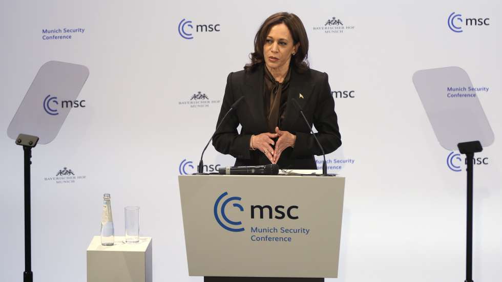 epa09771261 US Vice President Kamala Harris delivers a statement during the 58th Munich Security Conference (MSC) in Munich, Germany, 19 February 2022. More than 500 high-level international decision-makers meet at the 58th Munich Security Conference in Munich during their annual meeting from 18 to 20 February 2022 to discuss global security issues.  EPA/RONALD WITTEK