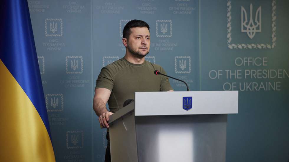 O Presidente ucraniano, Volodymyr Zelensky, em conferência de imprensa. 7 de março de 2022