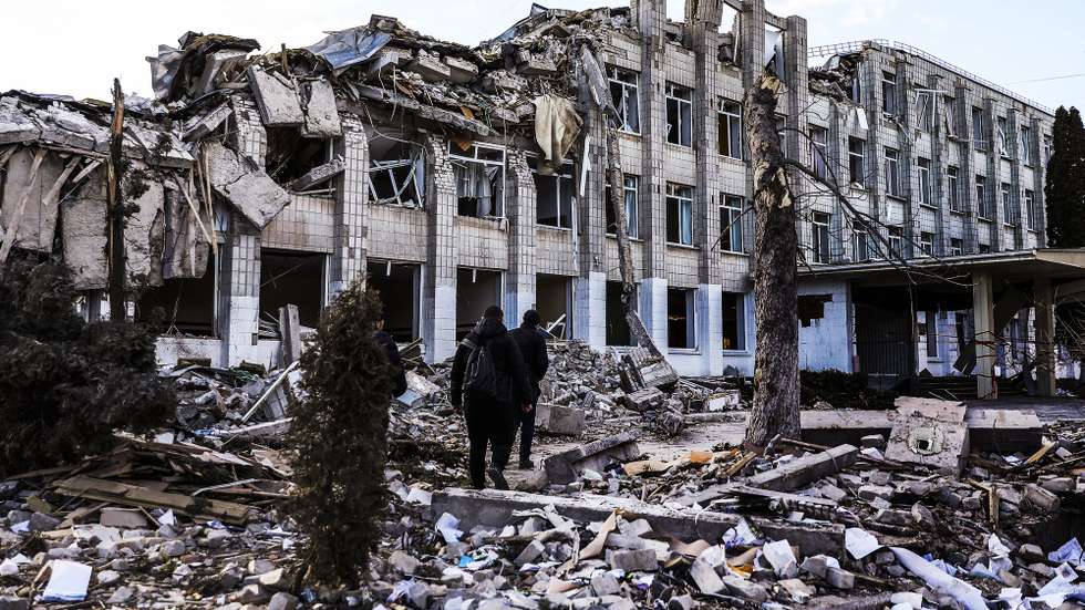 The main building of school number 25 in Zhytomyr, Ukraine destroyed after being bombed, March 11, 2022. Russian troops entered Ukraine on 24 February prompting the country's president to declare martial law and triggering a series of announcements by Western countries to impose severe economic sanctions on Russia.  MIGUEL A. LOPES/LUSA