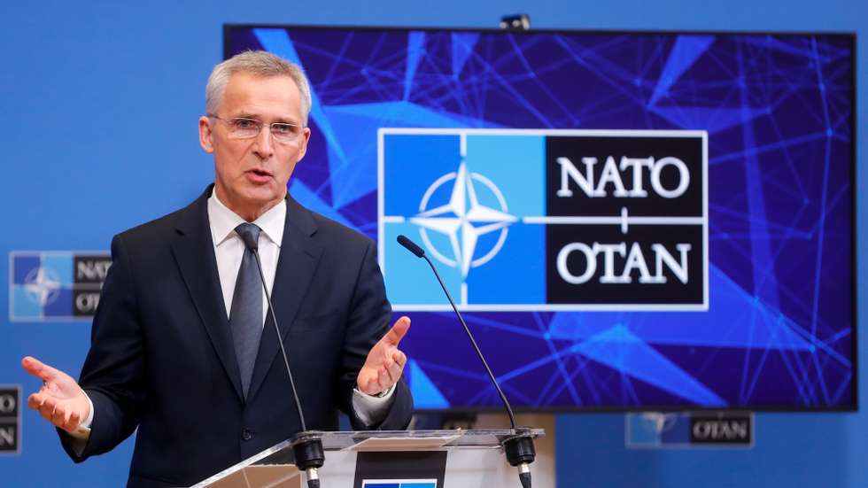 epa09871609 Secretary General of North Atlantic Treaty Organization (NATO) Jens Stoltenberg gives a press conference ahead of a two-day NATO Ministers of Foreign Affairs meeting on Ukraine at NATO headquarters in Brussels, Belgium, 05 April 2022. NATO Foreign Ministers will meet on 06 and 07 April.  EPA/STEPHANIE LECOCQ