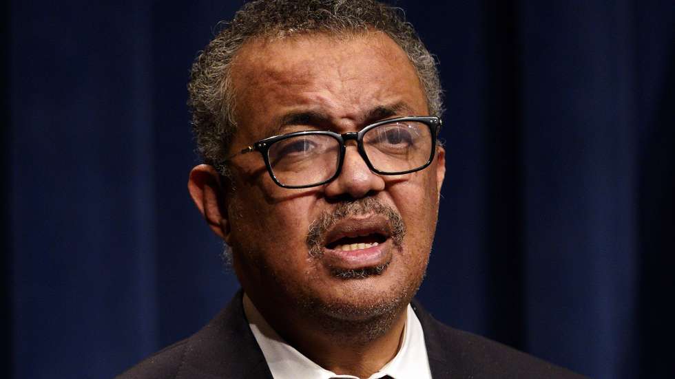 epa09877332 Director General of the World Health Organisation Director-General Dr. Tedros Adhanom Ghebreyesus addresses a joint press conference with Xavier Becerra United States Secretary of Health and Human Services  at the Department for Health and Human Services in Washington DC, USA, 07 April 2022.  EPA/WILL OLIVER