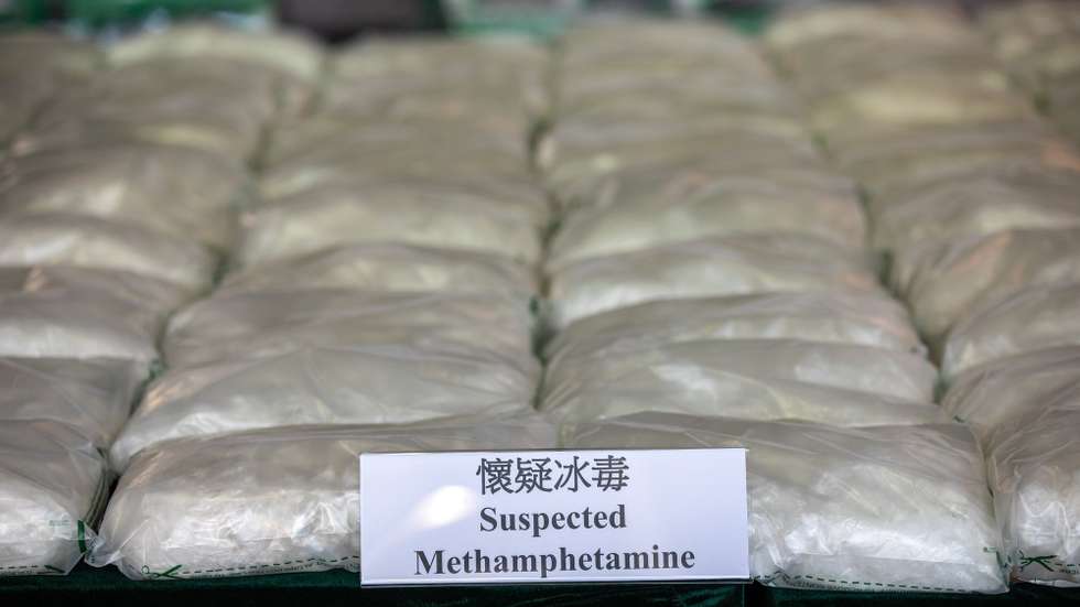 epa08792354 Seized methamphetamine is displayed at a Hong Kong Customs and Excise facility in Hong Kong, China, 02 November 2020. Hong Kong Customs detected the largest-ever methamphetamine trafficking case on 20 October 2020 and seized over 500 kilograms of suspected methamphetamine with an estimated market value of 298 million US dollar (33 million euro).  EPA/JEROME FAVRE