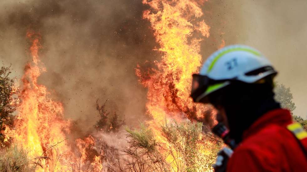 Um bombeiro combate um incêndio que lavra numa zona de mato na freguesia de Benespera, no concelho da Guarda, 07 de julho de 2022. De acordo com a página da Autoridade Nacional de Emergência e Proteção Civil, o incêndio está a ser combatibo por mais de 325 operacionais, apoiados por 96 viaturas e 04 meios aéreos. MIGUEL PEREIRA DA SILVA/LUSA