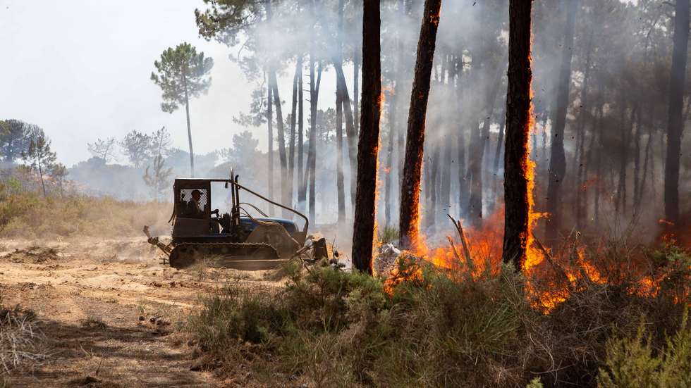 Máquinas de rasto durante o combate ao incêndio que lavra na zona da Quinta do Lago, em Almancil, Faro, 13 de julho de 2022. Dezasseis dos 18 distritos de Portugal continental estão hoje sob aviso vermelho, o mais grave, devido ao tempo quente, com mais de uma centena de concelhos em perigo máximo de incêndio rural. DUARTE DRAGO/LUSA
