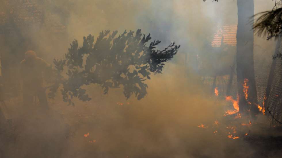 Um combate um incêndio que lavra na freguesia da Boa Vista, Leiria, 12 de julho de 2022. O incêndio que deflagrou hoje na freguesia da Caranguejeira, no concelho de Leiria, obrigou ao corte da autoestrada 1 em ambos os sentidos. PAULO CUNHA/LUSA