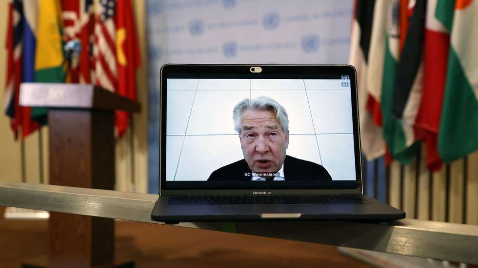 epa09204838 A computer screen is seen while Special Coordinator for the Middle East Peace Process and Personal Representative of the Secretary-General Tor Wennesland virtually addresses the United Nations Security Council on the situation in the Middle East, including the Palestinian question outside the Security Council stakeout area at United Nations Headquarters in New York, New York, USA, 16 May 2021.  EPA/JASON SZENES