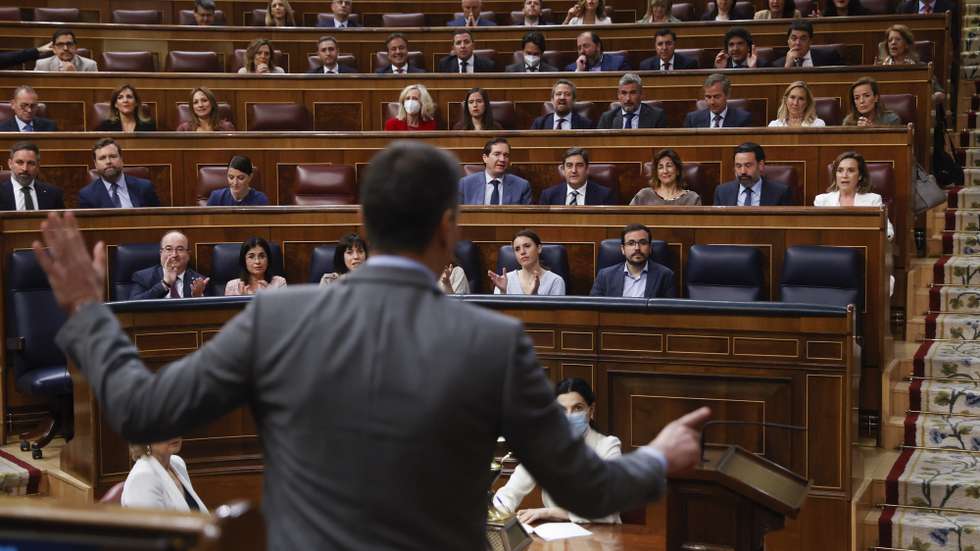 epa09939293 Spanish Prime Minister Pedro Sanchez speaks during the Government Control Session at the Lower Chamber of the Spanish Parliament in Madrid, Spain, 11 May 2022, following the dismissal of the Director of the National Intelligence Center in the wake of the Pegasus espionage scandal. Around 60 Catalan pro-independent politicians, Spanish Prime Minister Pedro Sanchez, and Defense Minister Margarita Robles were spied on through the Israeli-developed Pegasus spyware.  EPA/Juan Carlos Hidalgo