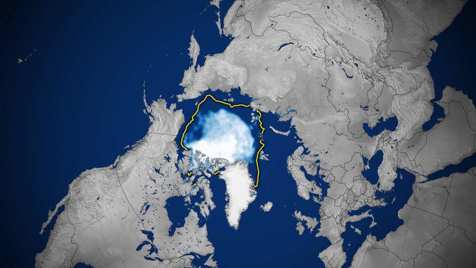 epa09482861 A handout picture made available by the National Aeronautics and Space Administration (NASA) of a map visualizing Arctic sea ice extent (white) on 16 September 2021 (issued 23 September 2021). According to scientists of the US National Snow and Ice Data Center (NSIDC) at the University of Colorado Boulder, Arctic sea ice has likely reached its minimum extent for the year at 4.72 million square kilometers on 16 September 2021. The 2021 minimum is the twelfth lowest in the nearly 43-year satellite record. The last 15 years are the lowest 15 sea ice extents in the satellite record.  EPA/NASA HANDOUT  HANDOUT EDITORIAL USE ONLY/NO SALES