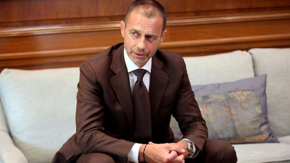 epa10136340 UEFA President Aleksander Ceferin during his meeting with Greek Prime Minister in Athens, Greece, 24 August 2022. Ceferin is in Athens on a working visit.  EPA/ORESTIS PANAGIOTOU