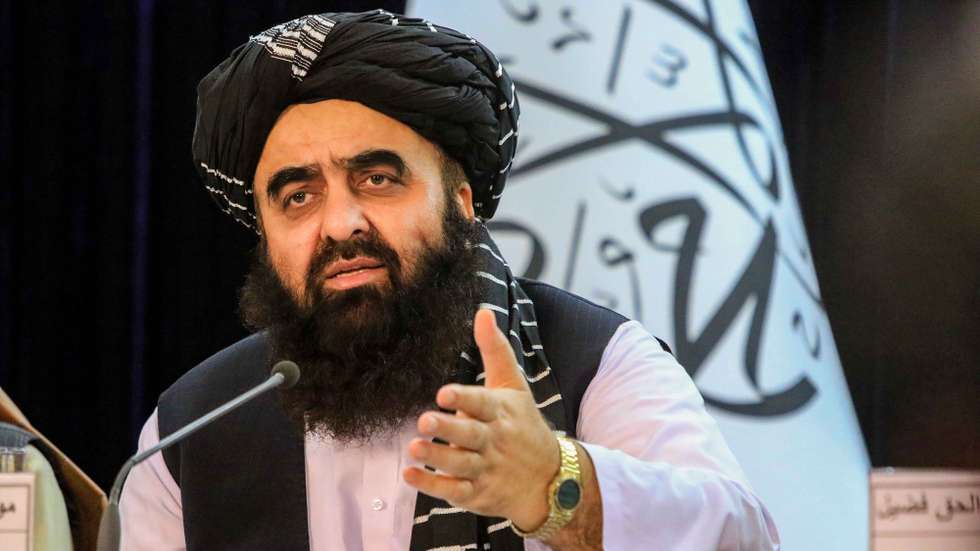 epa10167569 Amir Khan Muttaqi, Afghanistan's foreign minister talks with journalists during a press conference in Kabul, Afghanistan, 07 September 202?2. Amir Khan Muttaqi said that the recent US drone strikes, that killed Al-Qaeda's leader Ayman Al-Zawahiri, was a violation of country's airspace and have rais?ed concerns amongst the government and it must be stopped.  EPA/STR