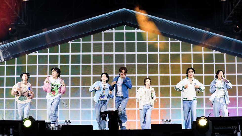 epa10246670 A handout photo made available by the Bighit Music shows South Korean boy band BTS performing during a live concert held to support the Busan city's bid to host the World Expo in 2030, at Busan Asiad Main Stadium in Busan, South Korea, 15 October 2022 (Issued 16 October 2022).  EPA/BIGHIT MUSIC/ HANDOUT HANDOUT EDITORIAL USE ONLY/NO SALES HANDOUT EDITORIAL USE ONLY/NO SALES
