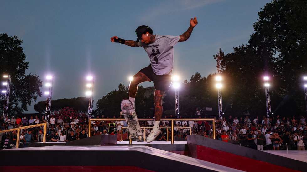 epa10050681 Gustavo Ribeiro of Portugal during the men's final of the Street Skateboarding World Championships at the Colle Oppio Park in Rome, Italy, 03 July 2021.  EPA/FABIO FRUSTACI
