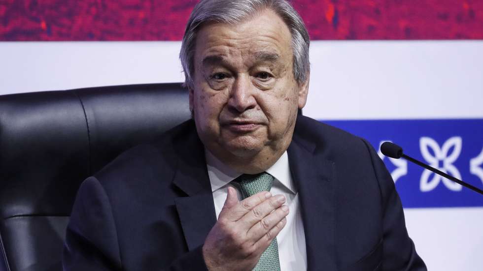 epa10305304 UN Secretary General Antonio Guterres speaks to media during a press conference ahead of the G20 Summit in Nusa Dua, Bali, Indonesia, 14 November 2022. Bali will host the 17th Group of 20 (G20) Heads of State and Government Summit from 15 to 16 November 2022.  EPA/MAST IRHAM