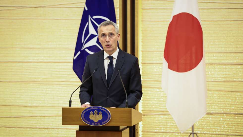 epa10440844 NATO Secretary-General Jens Stoltenberg speaks during a joint media briefing with Japan's Prime Minister Fumio Kishida (NOT PICTURED) in Tokyo, Japan, 31 January 2023. Stoltenberg is visiting Japan to strengthen bilateral ties between the country and the E.U.  EPA/Takashi Aoyama / POOL