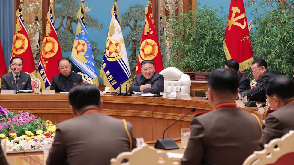 epa10451777 A photo released by the official North Korean Central News Agency (KCNA) shows North Korean leader Kim Jong-un (C) speaking during an enlarged meeting of the Central Military Commission of the Workers' Party of Korea at the office of the party's Central Committee in Pyongyang, North Korea, 06 February 2023 (issued 07 February 2023). According to KCNA, the meeting 'discussed in depth major military and political tasks for 2023' and the 'long-term issues concerning the orientation for army building'.  EPA/KCNA   EDITORIAL USE ONLY