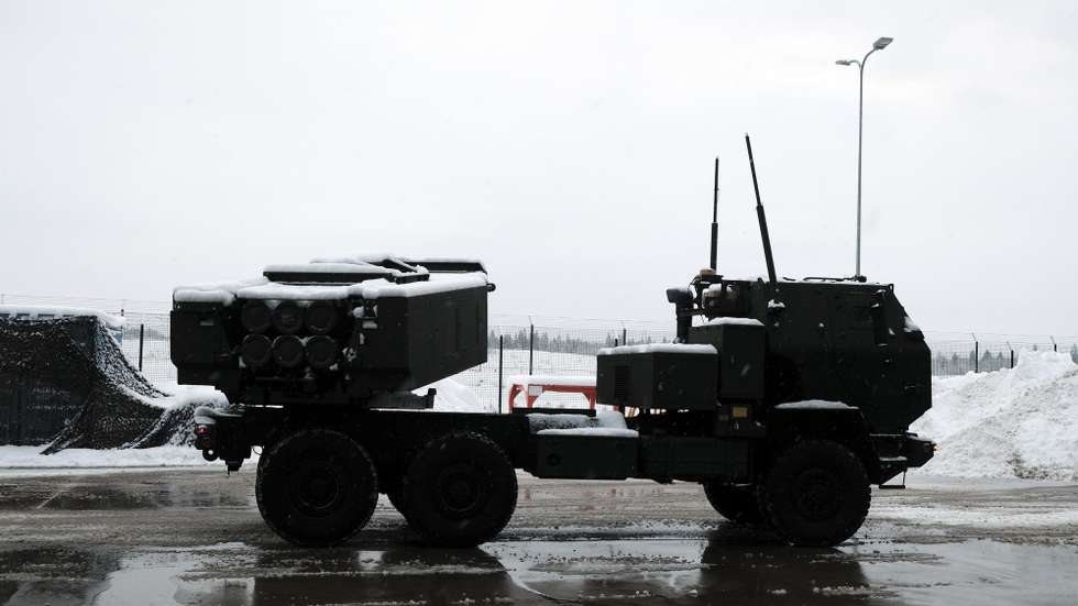 epa10391967 US Army multiple rocket launcher HIMARS performs during the media day at the Tapa military base, Estonia, 06 January 2023. During the event, visitors had the opportunity to get acquainted with the US Army multiple rocket launcher HIMARS, which will enter the Estonian defense force's arsenal in 2024.  EPA/VALDA KALNINA