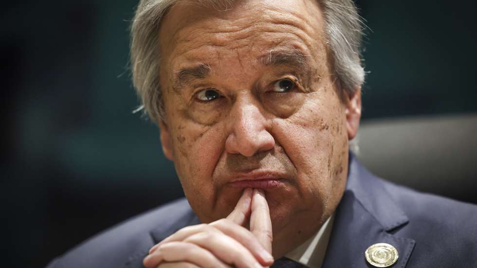 epa10473162 United Nations Secretary-General Antonio Guterres attends a meeting at the start of the African Union Summit in Addis Ababa, Ethiopia, 17 February 2023. The African Union Summit runs until 19 February.  EPA/JOSE SENA GOULAO