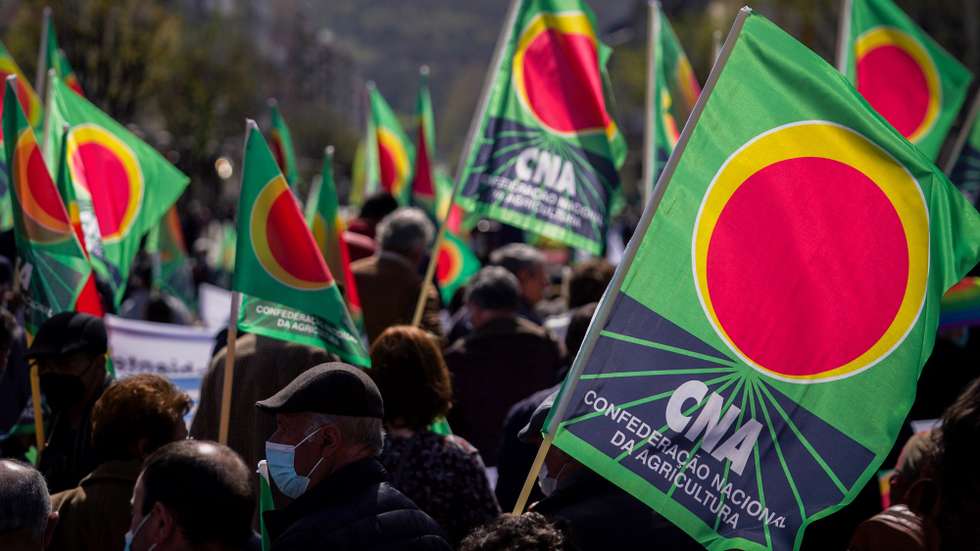 Ação de protesto da CNA - Confederação Nacional da Agricultura por ocasião da abertura da Feira AGRO, em Braga, 24 de março de 2022. A CNA reivindica outras e melhores políticas agro-rurais, reclamando ao Governo "o escoamento a preços justos para a produção agrícola e florestal nacional, o combate à especulação com o preço dos fatores de produção e a defesa dos rendimentos dos agricultores; a proibição das vendas com prejuízo e a regulação e fiscalização da atividade comercial da grande distribuição, a concretização do Estatuto da Agricultura Familiar e uma Política Agrícola Comum mais justa e solidária; em defesa de uma vida digna para quem trabalha a terra para produzir alimentos, em defesa da produção nacional e da Soberania Alimentar do país”. HUGO DELGADO/LUSA