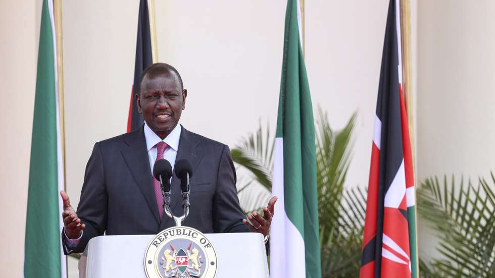 epa10522284 Kenyan President William Ruto addresses the media during a joint press conference with Italy's President Sergio Mattarella at Statehouse in Nairobi, Kenya, 14 March 2023. Mattarella is in Kenya on an official visit in which he held bilateral talks with Kenyan President Ruto and other state officials to strengthen the diplomatic relations between the two nations.  EPA/DANIEL IRUNGU