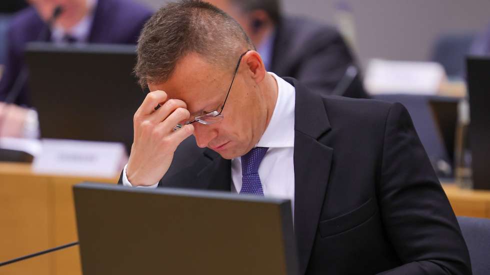 epa10608367 Hungary's Foreign Affairs Minister Peter Szijjarto attends a EU Foreign Affairs Council (Development) in Brussels, Belgium, 04 May 2023. EU ministers meet in Brussels for a Foreign Affairs Council, in its development configuration, to exchange views on the reform of multilateral development banks as well as to address the global consequences of the 'Russian aggression against Ukraine'.  EPA/OLIVIER MATTHYS
