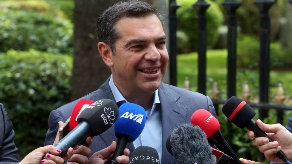 epa10647243 The president of SYRIZA-Progressive Alliance Alexis Tsipras makes statements after his meeting with the Greek President Katerina Sakellaropoulou for the second exploratory mandate to form a government, at the Presidential Palace in Athens, Greece, 23 May 2023. The ruling New Democracy party gained the lead in the elections held on 21 May with over 40 percent while the main opposition SYRIZA-Progressive Alliance came in the second place with 20 percent and lost all but one of 59 electoral regions in Greece.  EPA/Alexander Beltes