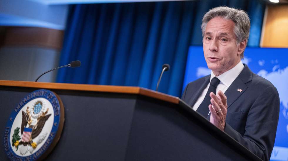 epa10752188 US Secretary of State Antony Blinken responds to a question from the news media during a press briefing at the State Department in Washington, DC, USA, 17 July 2023. Secretary Blinken is urging the Senate to move forward on blocked State Department nominees.  EPA/SHAWN THEW