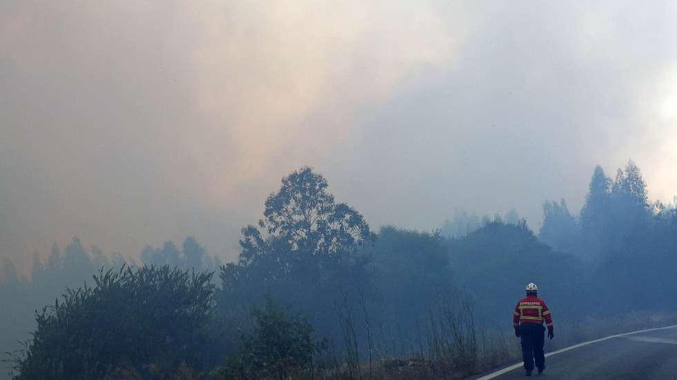 Um bombeiro durante um incêndio que deflagrou pelas 13:51 na localidade de Espinheira, na base da Serra de Montejunto, e está a consumir uma zona de eucaliptos e pinheiros, Cadaval, Lisboa, 12 de julho de 2023. Segundo informação disponível na página da Proteção Civil, pelas 20:50 estavam no local 488 operacionais, apoiados por 149 viaturas e 01 meio aéreo. ANTÓNIO PEDRO SANTOS/LUSA