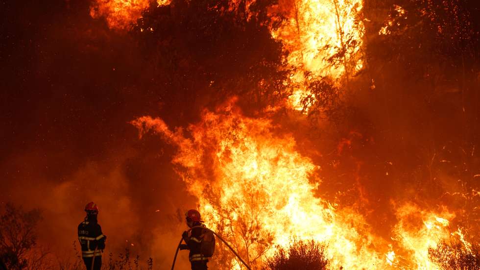 Bombeiros combatem o fogo, na zona de Aljezur, concelho de Odemira. Estão no combate às chamas 633 operacionais, apoiados por 206 viaturas terrestres e 10 meios aéreos. O incêndio, que deflagrou na zona de Baiona, na freguesia de São Teotónio, a meio da tarde de sábado, já obrigou a evacuar quatro locais no concelho de Odemira (Vale dos Alhos, Vale de Água, Choça dos Vales e Relva Grande) e uma unidade de turismo rural, num total de mais de 100 pessoas retiradas, 07 de agosto de 2023. LUÍS FORRA/LUSA