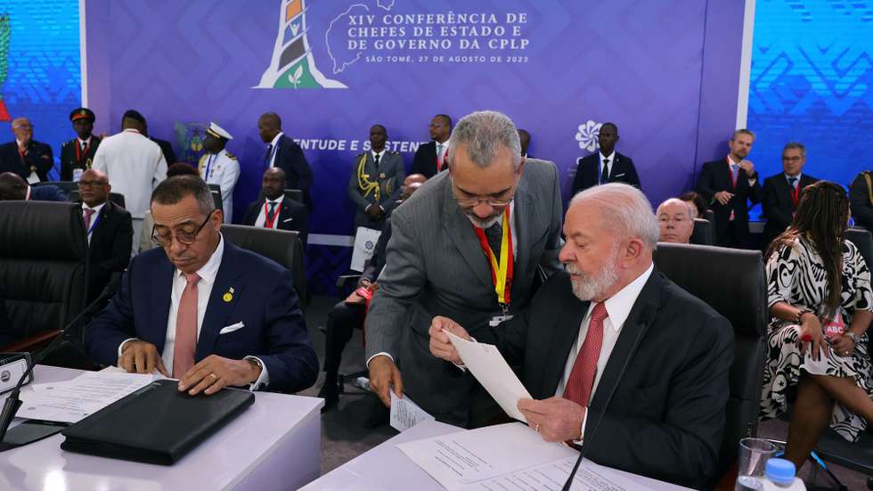 Brazilian President Inacio Lula da Silva (R) and President of the Republic of São Tomé and Príncipe, Carlos Vila Nova (L), during the XIV CPLP Conference in Sao Tome and Principe, 27th August 2023. The CPLP, which includes Angola, Brazil, Cape Verde, Guinea-Bissau, Equatorial Guinea, Mozambique, Portugal, São Tomé and Príncipe and Timor-Leste, holds the 14th Conference of Heads of State and Government, in São Tomé and Príncipe, under the motto "Youth and Sustainability". ESTELA SILVA/LUSA