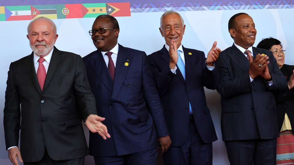 Brazilian President Luiz Inacio Lula da Silva (L) President of the Republic of Guinea-Bissau, Umaro Sissoco Embaló (2L) Portuguese President Marcelo Rebelo de Sousa (2R) and São Tomé e Príncipe Prime Minister Patrice Trovoada (R), during the  family photo of the XIV CPLP Conference in Sao Tome and Principe, 27th August 2023. The CPLP, which includes Angola, Brazil, Cape Verde, Guinea-Bissau, Equatorial Guinea, Mozambique, Portugal, São Tomé and Príncipe and Timor-Leste, holds the 14th Conference of Heads of State and Government, in São Tomé and Príncipe, under the motto "Youth and Sustainability". ESTELA SILVA/LUSA