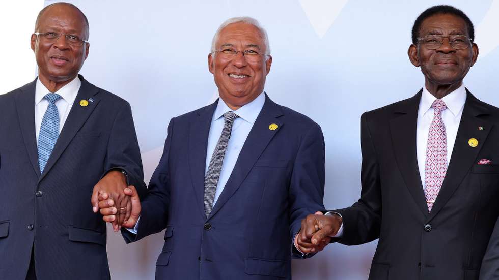 Portuguese Prime Minister Antonio Costa (C) flanked by President of the Republic of Equatorial Guinea, Teodoro Obiang (R) and President of São Tomé e Príncipe  Carlos Vila Nova (L) during the  family photo of the XIV CPLP Conference in Sao Tome and Principe, 27th August 2023. The CPLP, which includes Angola, Brazil, Cape Verde, Guinea-Bissau, Equatorial Guinea, Mozambique, Portugal, São Tomé and Príncipe and Timor-Leste, holds the 14th Conference of Heads of State and Government, in São Tomé and Príncipe, under the motto "Youth and Sustainability". ESTELA SILVA/LUSA