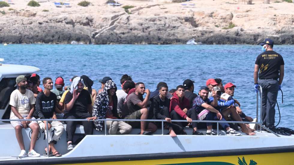 epaselect epa10869372 77 migrants from Egypt, Bengal, Syria, Ethiopia, and Sudan arrive from Tunsia in Lampedusa after their two boats were rescued by the Guardia di Finanza V827 patrol boat, 19 September 2023, Lampedusa, Italy. According to Italy's Interior Ministry, nearly 126,000 immigrants and refugees have entered the country as of 2023, more than twice as many as during the same time period in 2022.  EPA/CIRO FUSCO