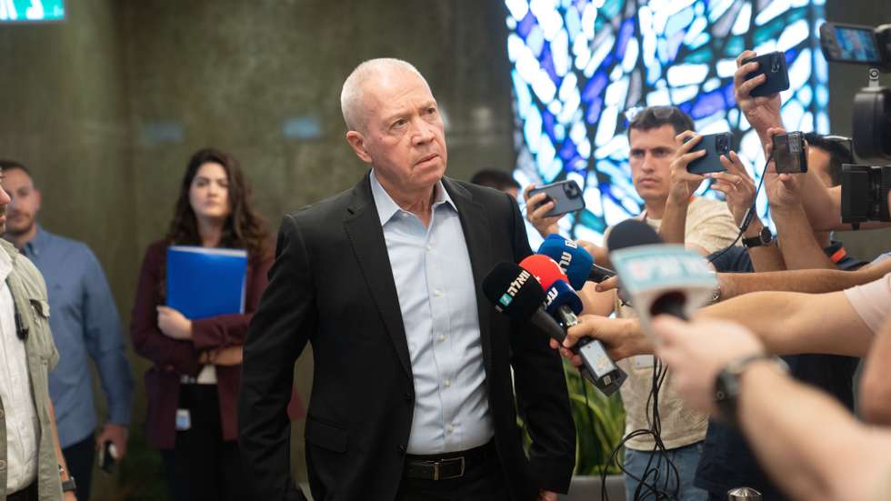 epa10852244 Israeli Minister of Defense Yoav Gallant speaks to reporters ahead of the weekly cabinet meeting in Jerusalem, 10 September 2023.  EPA/OHAD ZWIGENBERG / POOL