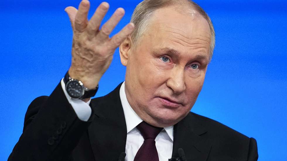 epa11028325 Russian President Vladimir Putin gestures as he answers questions during his annual press conference with Russian federal, regional, and foreign media at the Gostiny Dvor forum hall in Moscow, Russia, 14 December 2023. Russian President Vladimir Putin on 14 December holds his end-of-year press conference, followed by the 'Direct Line with Vladimir Putin' televised event, where he will answer citizens' questions focusing on domestic issues. The President's Big Press Conference is an annual event that has been held since 2001. This year the format is combined 'Direct Line' (questions from citizens) and 'Big Press Conference' (questions from journalists). The event takes place months before the presidential election scheduled for 17 March 2024, in which Putin decided to run for re-election.  EPA/ALEXANDER ZEMLIANICHENKO / POOL