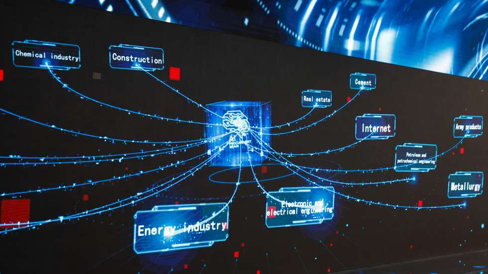 epa11113844 A diagram showing JD's application of artificial intelligence is presented during a media tour at JD's headquarters in Beijing, China, 30 January 2024. JD.com is China's leading one-stop e-commerce platform and is a member of the Fortune Global 500.  EPA/MARK R. CRISTINO