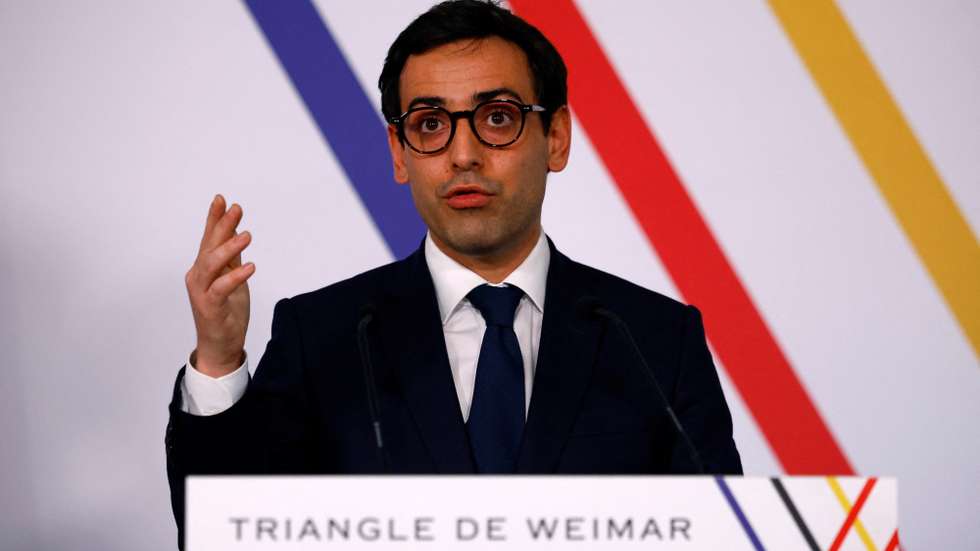 epa11148056 French Foreign and European Affairs Minister Stephane Sejourne speaks during a joint press conference with counterparts from Germany and Poland (not seen) after their Weimar Triangle talks at the Chateau de La Celle Saint-Cloud near Paris, France, 12 February 2024.  EPA/SARAH MEYSSONNIER / POOL  MAXPPP OUT